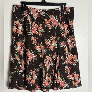 Ann Taylor Loft Petites 12P 100% Silk Floral Midi Skirt Brown Pink Lined